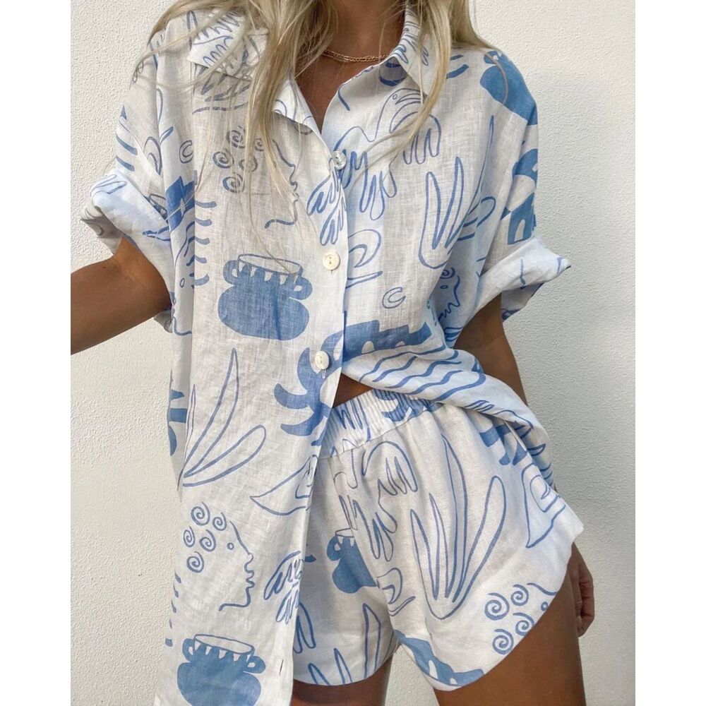 MAURIE + EVE 2 Blue Waves linen short top set summer australian white blue